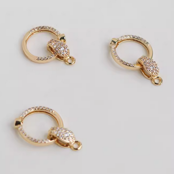 Brass Beads Ring Zirconic Spring Clasp, Gold Plated