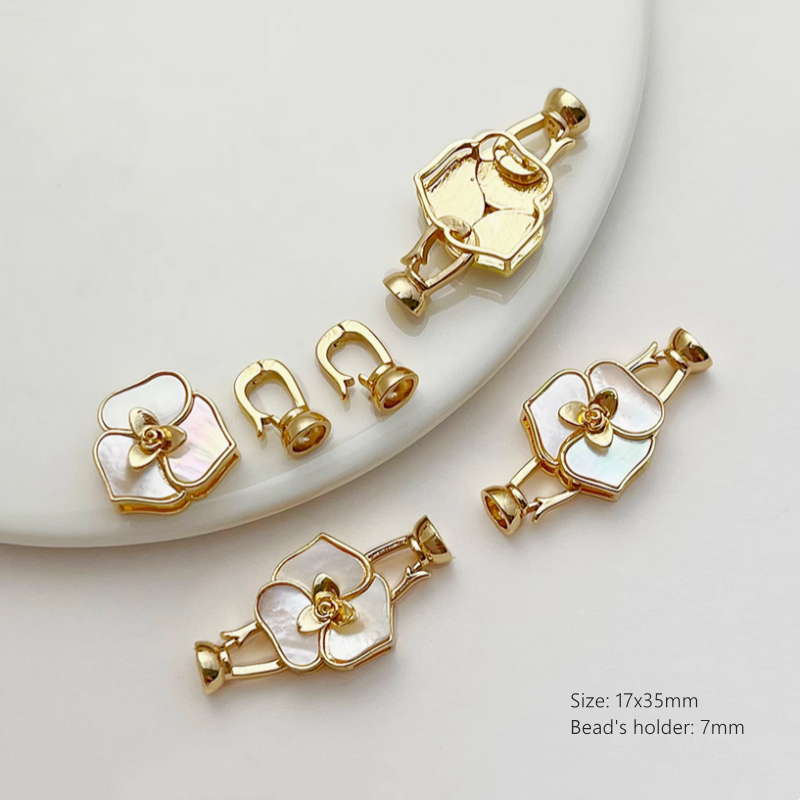 Brass Plated Shell Pansy Fold Over Clasp Pearl Necklace Connector