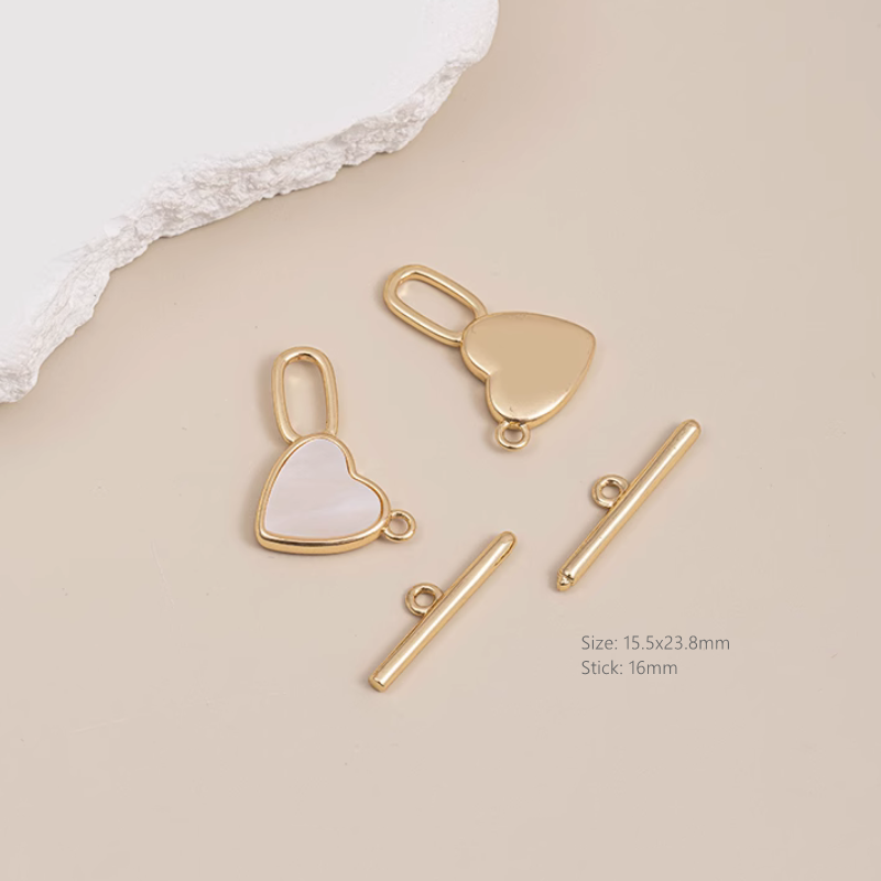 Brass 14K Gilded Shell Inlaid Star Heart Ring Stick Toggle OT Clasps