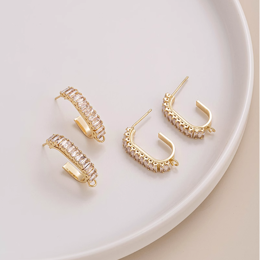 1 Pairs Brass C Shape Zirconic Earring Base, 14K Gold Plate