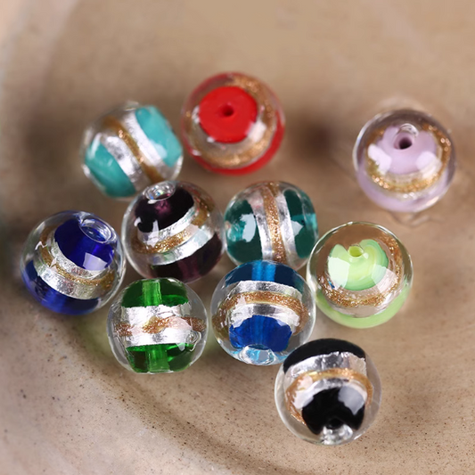 10pcs Glass Beads Silver Foil and Gold Sand