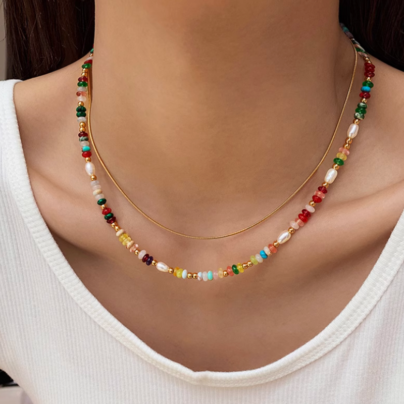 Natural Gemstones Mix And Pearls Colorful Dopamine Necklace 2024 Tourmaline Crystal Jewelry