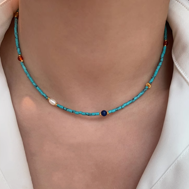 Nature Turquoise Stone Beads Fresh Water Pearls Handmade Necklace