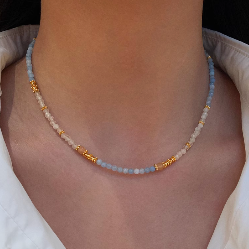 New Stylish Natural Aquamarine Quartz Beads White Crystal Female Summer Color Necklace