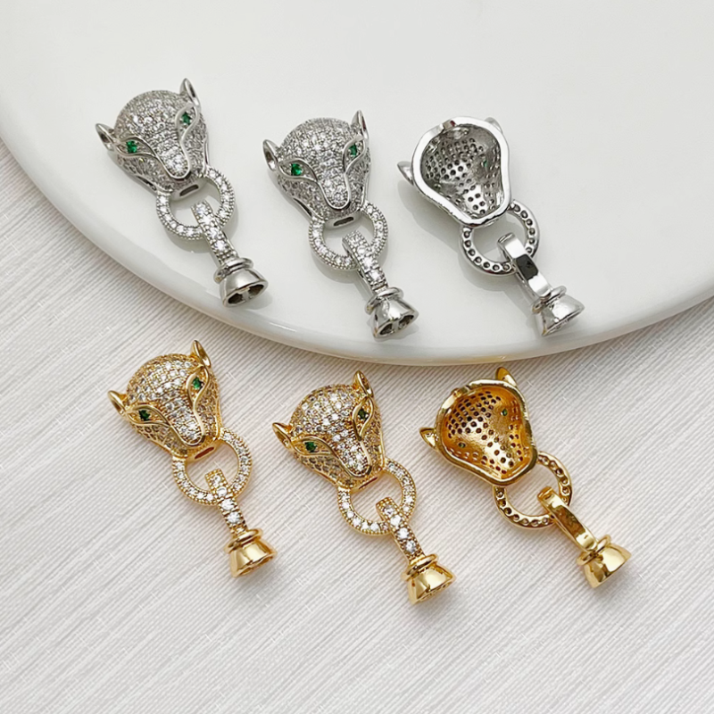 Brass Zircon Leopard Head Luxury Necklace Connector Twister Clasp