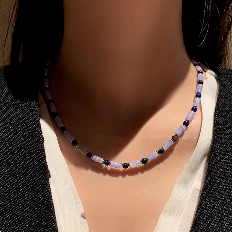 Purple Agate Lapis Lazuli Beads Necklace Niche New Style Girl Boy Unisex Jewelry