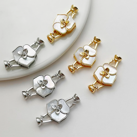 Brass Plated Shell Pansy Fold Over Clasp Pearl Necklace Connector