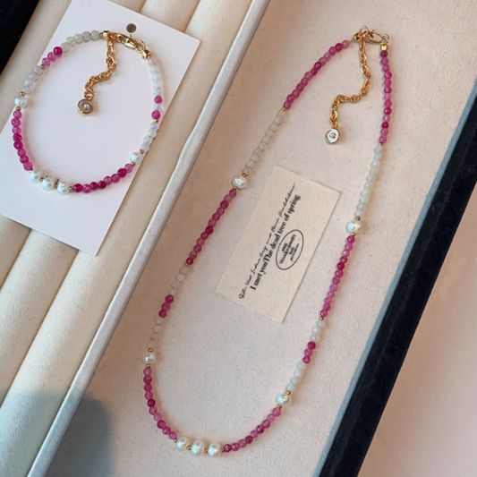 Rose Natural Stone Necklace Female Summer Light Luxury Niche Freshwater Baroque Pearls